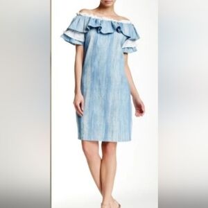 TOV Los Angeles Off Shoulder ruffle Jean Chambray denim shift ruffle Mini dress